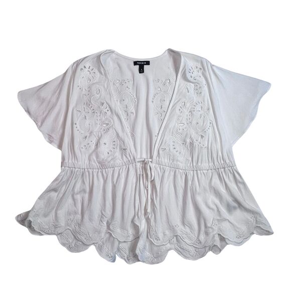 Torrid Cardigan Women 0X White Eyelet Challis Tie Front Third Piece Boho Duster - Picture 1 of 9